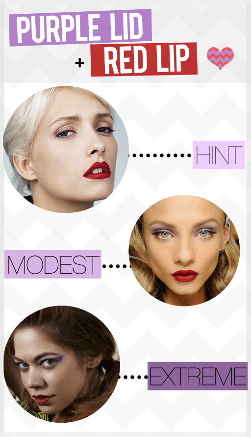 Idea y tendencia de maquillaje, sombra lila o morada y labios rojos